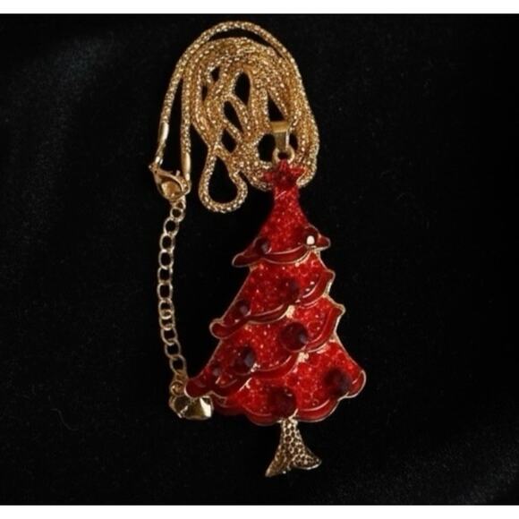 Betsey Johnson Christmas Tree Adj. Necklace Red Crystal Gold Chain BJ Charm - Picture 5 of 11